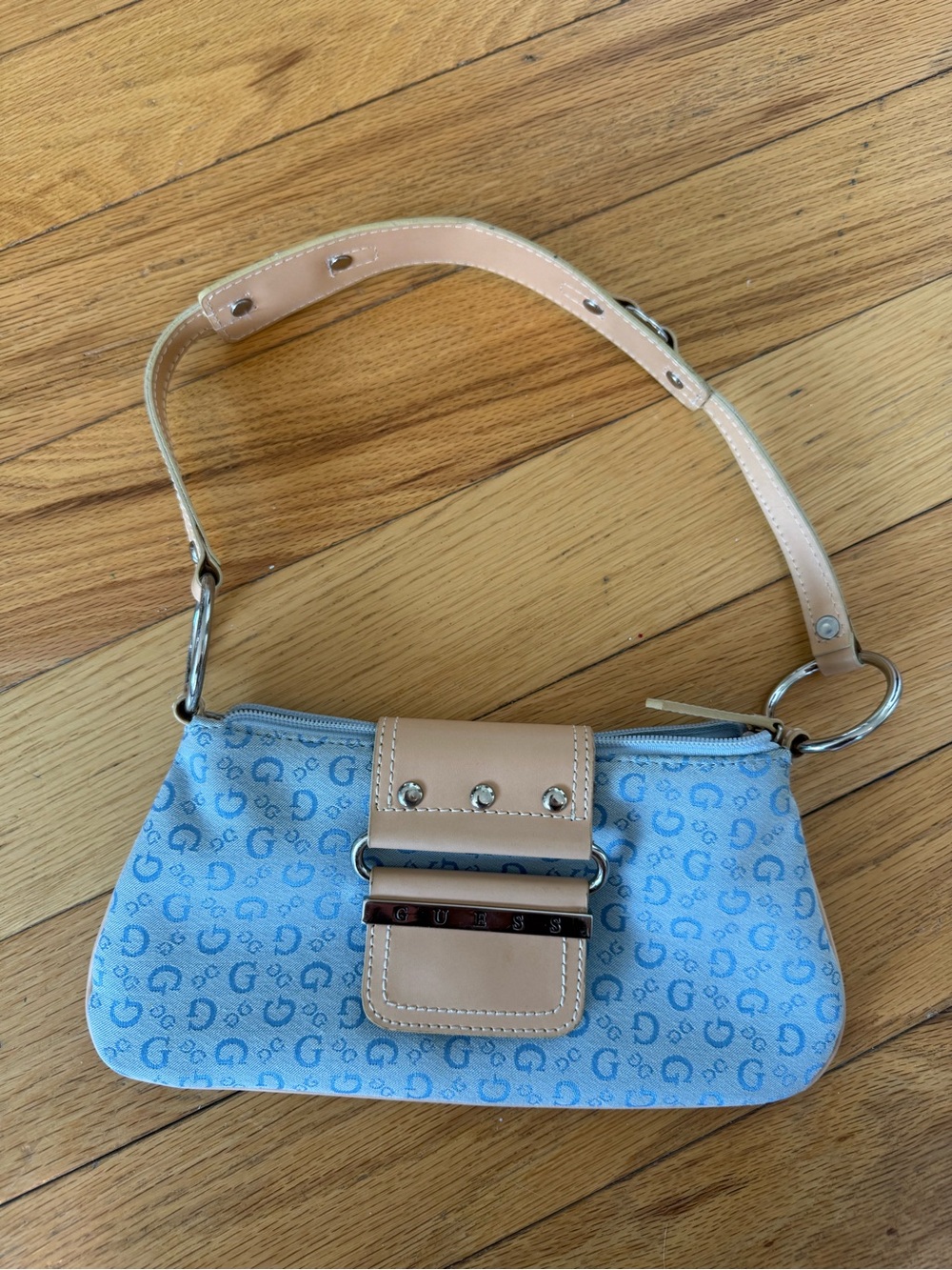 Y2K Guess Beige Strap Blue Monogram Shoulder Bag